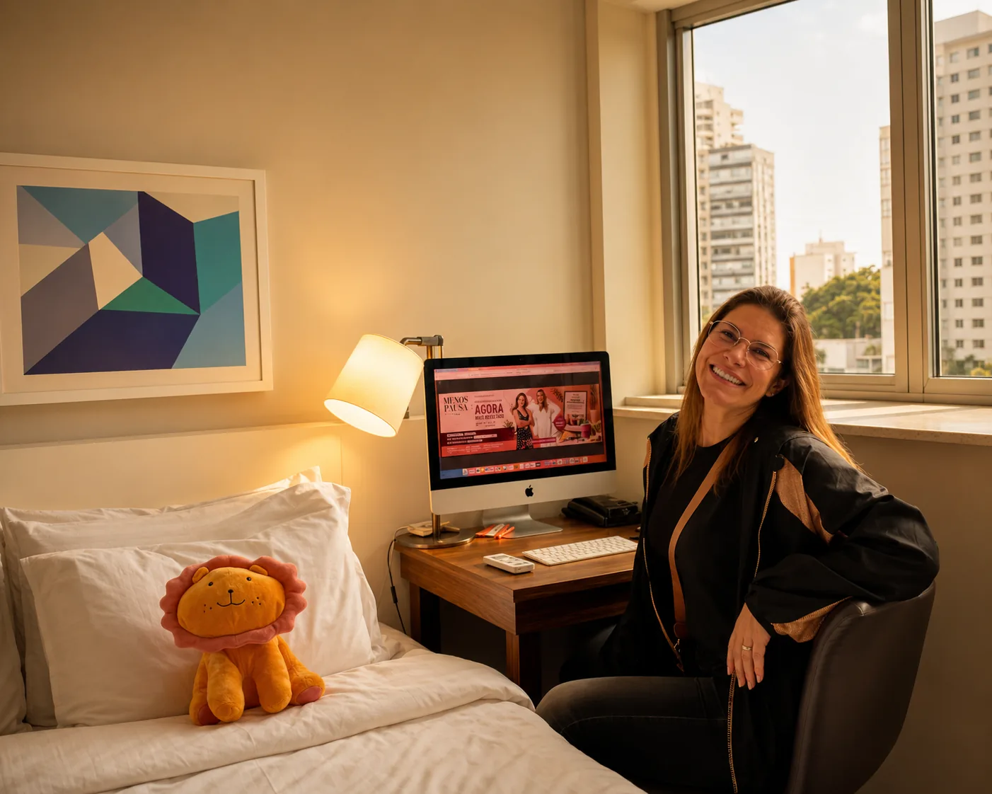 Priscila Fantin no quarto do apartamento eConfor